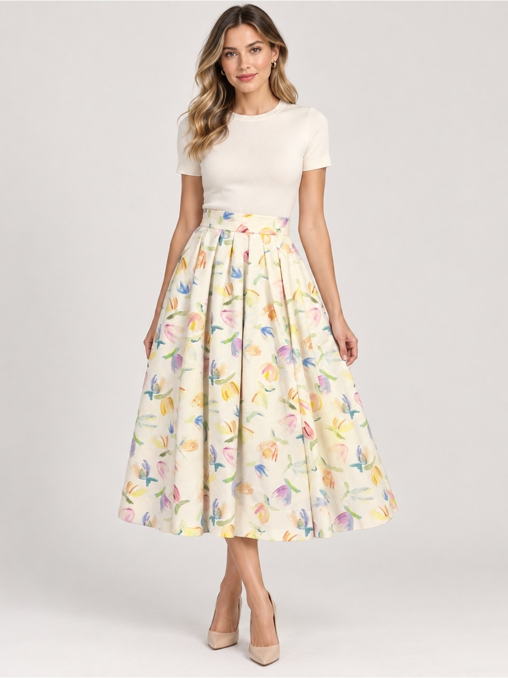Rosie Assoulin Cream A-Line Maxi Skirt with Pastel Floral Tulips